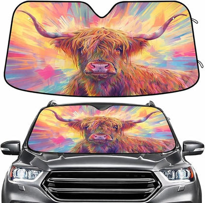 Windshield Sun Shade Abstract Highland Cow Front Window Block UV Shades Visor Reflective Retractable for Car SUV Trucks