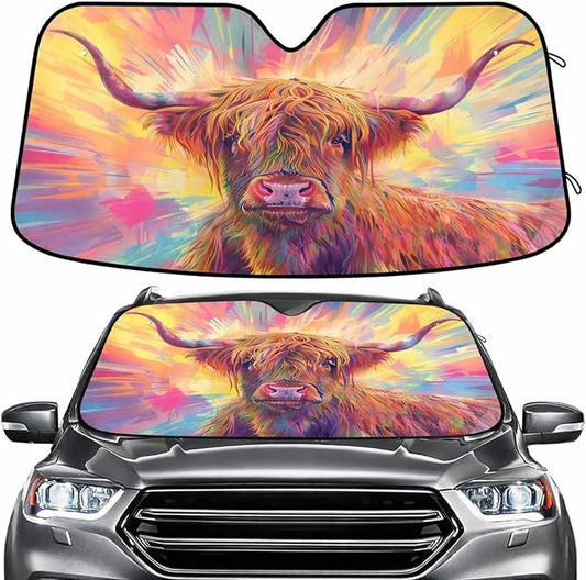 Windshield Sun Shade Abstract Highland Cow Front Window Block UV Shades Visor Reflective Retractable for Car SUV Trucks