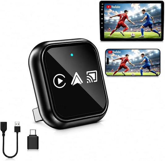 Screen Mirroring Adapter for Car, Mirror Phone to Car Screen | Wireless, 3-in-1 Car Play & Android Auto Adapter, Mini, USB C/USB A, Watch Youtube/Tiktok, Not for Netflix/Hulu,Low Latency