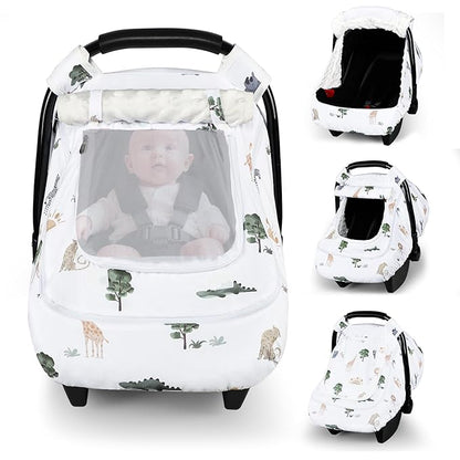Winter Car Seat Cover Baby with Sunshade & Dual Zipper Windows - Minky Bubble Lined Windproof Soft Shell, Warm Newborn Car Seat Canopy Covers, Elastic Bottom for Stroller & Infant Car Seat, Animal