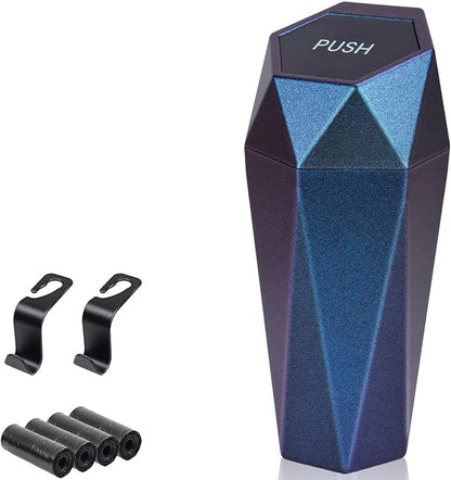 BFXM Car Trash Can, Car Trash Bin with Lid, Car Accessories for Women Interior, Car Garbage Can with Additional 2 ABS Hooks and 60pcs Trash Bags, Suitable for Home, Office, Car Organizer, Blue Purple