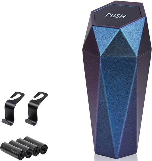 BFXM Car Trash Can, Car Trash Bin with Lid, Car Accessories for Women Interior, Car Garbage Can with Additional 2 ABS Hooks and 60pcs Trash Bags, Suitable for Home, Office, Car Organizer, Blue Purple