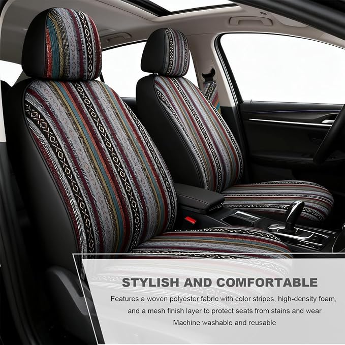 10 PCS Baja Saddle Blanket Car Seat Covers, Full Set Breathable Striped Woven Auto Seat Protector, Hippie Boho Airbag Compatible Seats Covers for Most Cars, SUVs, Trucks