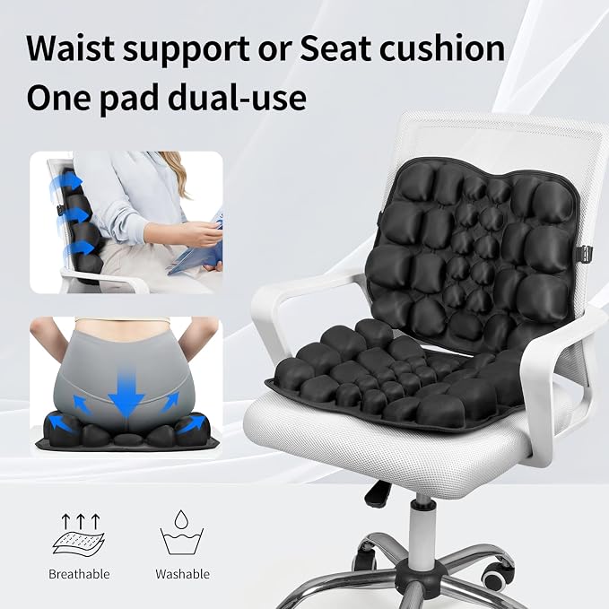 Inflatable Lumbar Support Pillow for Office Chair & Car - Tailbone Pain Relief Air Seat Cushion for Driver, Wheelchair, Airplane Seat, Travel - 17.7x14.3x2.0 Inches