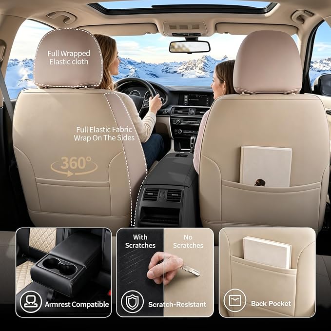 Car Seat Covers Compatible with Hyundai Elantra 2017-2025 2026 - Waterproof & Breathable Luxury Leather All-Weather Seat Cushions Protectors,Airbag Compatible,Only 2 Front seat Covers (Beige)