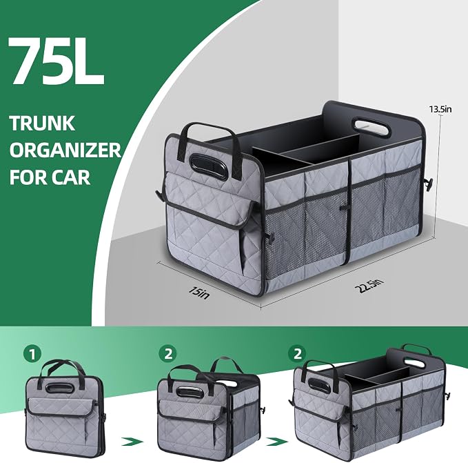AOPHY Car Trunk Organizer, 75L Large Capacity Waterproof Auto Storage with Non-Slip Bottom Strips, Collapsible Cargo Organizer for Suv, Truck, Sedan, Portable Car Accessories for Women Men(Grey)