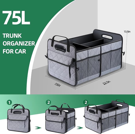 AOPHY Car Trunk Organizer, 75L Large Capacity Waterproof Auto Storage with Non-Slip Bottom Strips, Collapsible Cargo Organizer for Suv, Truck, Sedan, Portable Car Accessories for Women Men(Grey)