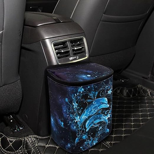 Talayituse Galaxy Dolphin Floral Print Car Trash Can Portable Auto Garbage Bin Multifunctional Vehicle Interior Accessories with Adjustable Straps Universal Fit Truck SUV Sedan