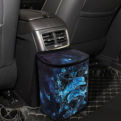 Talayituse Galaxy Dolphin Floral Print Car Trash Can Portable Auto Garbage Bin Multifunctional Vehicle Interior Accessories with Adjustable Straps Universal Fit Truck SUV Sedan