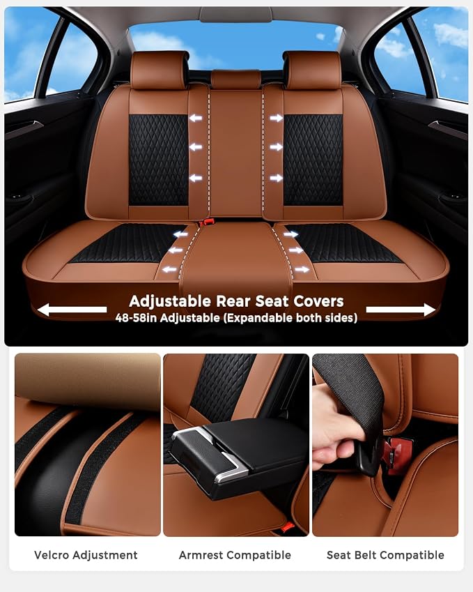 Huidasource Seat Covers, Luxury Nappa Leather Car Seat Covers Full Set with Velcro Adjustable, Airbag, Lumbar Support, Cooling＆Heating, Brown Car Seat Cover Fit for Most Cars SUV Trucks, Brown＆Black