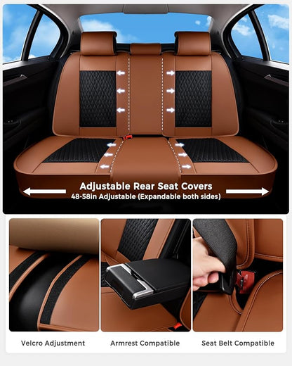 Huidasource Seat Covers, Luxury Nappa Leather Car Seat Covers Full Set with Velcro Adjustable, Airbag, Lumbar Support, Cooling＆Heating, Brown Car Seat Cover Fit for Most Cars SUV Trucks, Brown＆Black