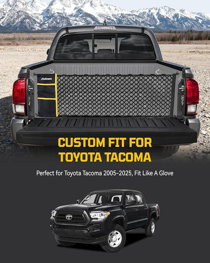 AUTOWN Truck Bed Cargo Net, Envelope Style Bed Netting for 2005-2025 Toyota Tacoma, Pickup Truck Bed Organizer with Upgraded 5mm Bungee & Integrated Storage Bag & Eyebolts & Carabiners