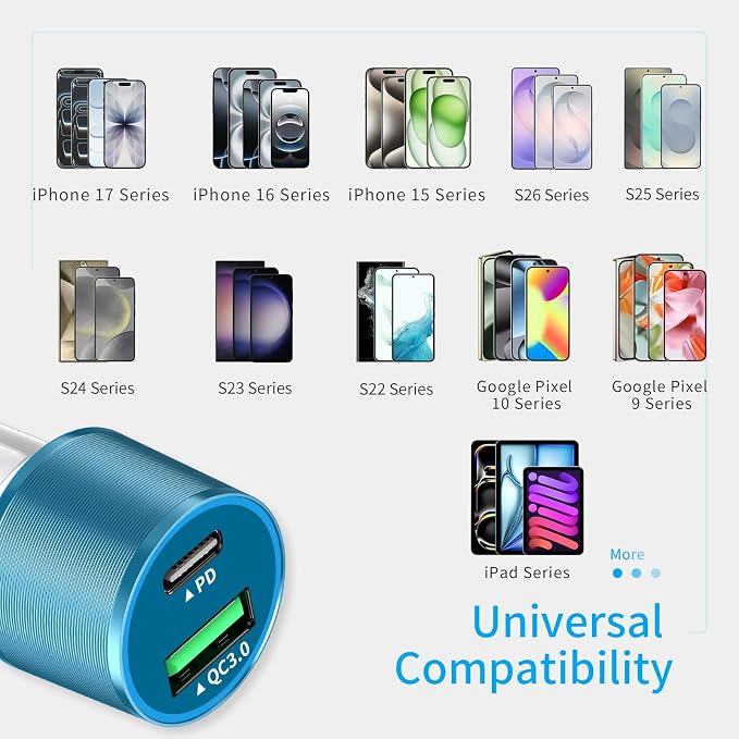 67.5W Blue Car Charger USB C Super Fast Charging, 45W USBC&QC3.0 Port Plug for iPhone 17 Pro Max/Air/16/15/iPad, Samsung S26 Android Cell Phone, Dual 12V Cigarette Lighter Adapter+ 3.3ft Type C Cable