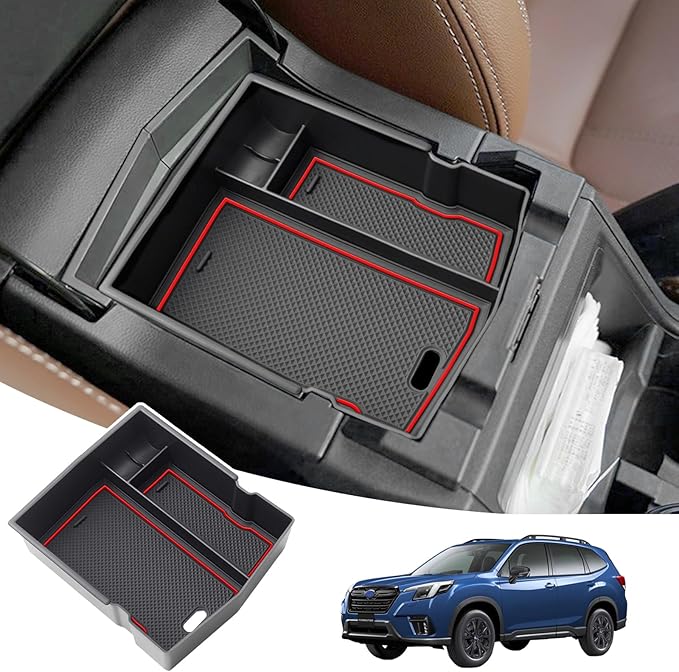 JKCOVER Upgraded Design Center Console Organizer Tray Compatible with Subaru Forester 2024 2023 2022 2021 2020 2019 Interior Armrest Insert Storage Box Easy Removal Accessories, Red Trim