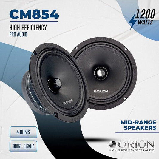 ORION Cobalt CM854 High Efficiency 8" Mid-Range Bullet Loudspeakers, 1200W Max Power, 300W RMS, 4 Ohm, 1.5" Voice Coil - Pro Car Audio Stereo, Midrange Speakers (Pair)