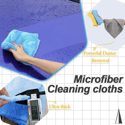 Car Wash Drying Towels, 450gsm Ultra-Thick Absorbent Lint-Free Extra Soft Microfiber Rags for Car Detailing, Interior & Exterior Cleaning Cloths, 16in x 16in - Coral Fleece, Blue, 12 Packs