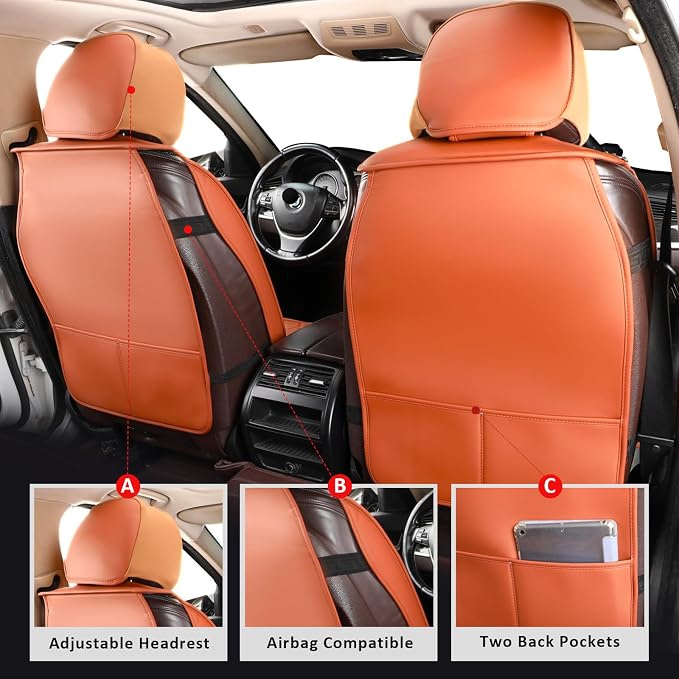 MIROZO Front Seat Covers Brown, Waterproof Car Seat Covers Faux Leather Automotive Seat Covers Car Seat Protector Vehicle Cushion Cover for Sedan, Truck and SUV Car Accessories(2PCS Front, Brown)
