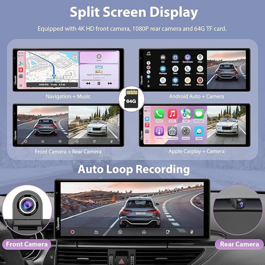 Carpuride Wireless Carplay & Android Auto with Dash Cam - 10.26 Inch HD IPS Touch Car Play Screen for Car, 4K Front & 1080P Rear Camera, Loop Recording, Bluetooth Audio, Mirror Link, GPS