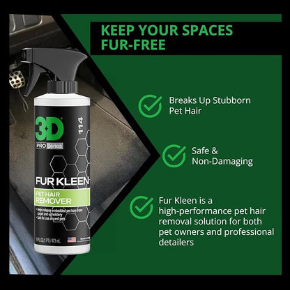 3D Fur Kleen - Pet Hair Remover & Cleaner - Loosens Embedded Pet Fur for Easy Removal - Safe for Carpets, Upholstery & Auto Interiors, 16 Ounce