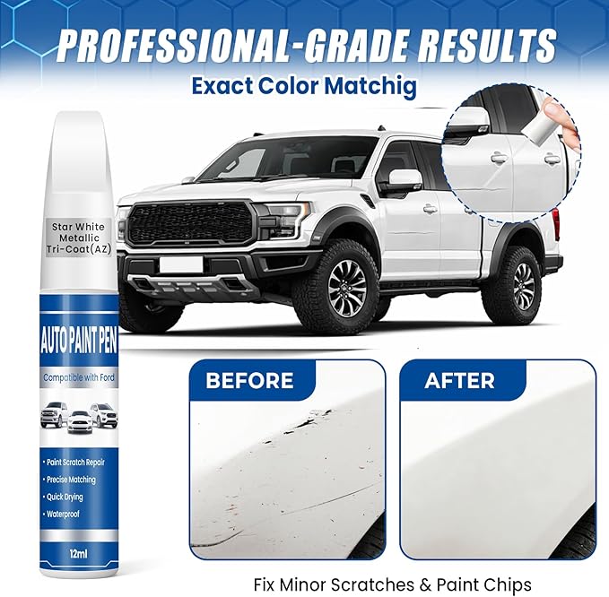 Star White Metallic Tri-Coat (AZ) Touch Up Paint for Cars, Compatible with Ford F-150/Explorer/Edge, 2-in-1 Car Scratch Repair Pen, Color Accurate, Quick Dry, Long-Lasting
