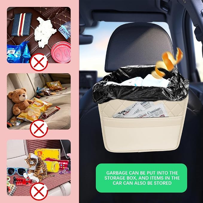 Car Seat Back Organizer, Leather Backseat Hanging Storage Bag, Multipurpose Car Hanging Trash Bag with 2 Compartments, Car Large Capacity Pouch Pocket for Kids & Adults (Beige/Transparent Bag)