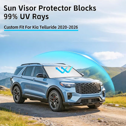 Windshield Sun Shade for Kia Telluride 2020-2026 Sunshade 300T Windshield Cover Protector Blocks UV Rays Custom Fit Telluride Front Window Shades Windshield Accessories Keep Cool Foldable