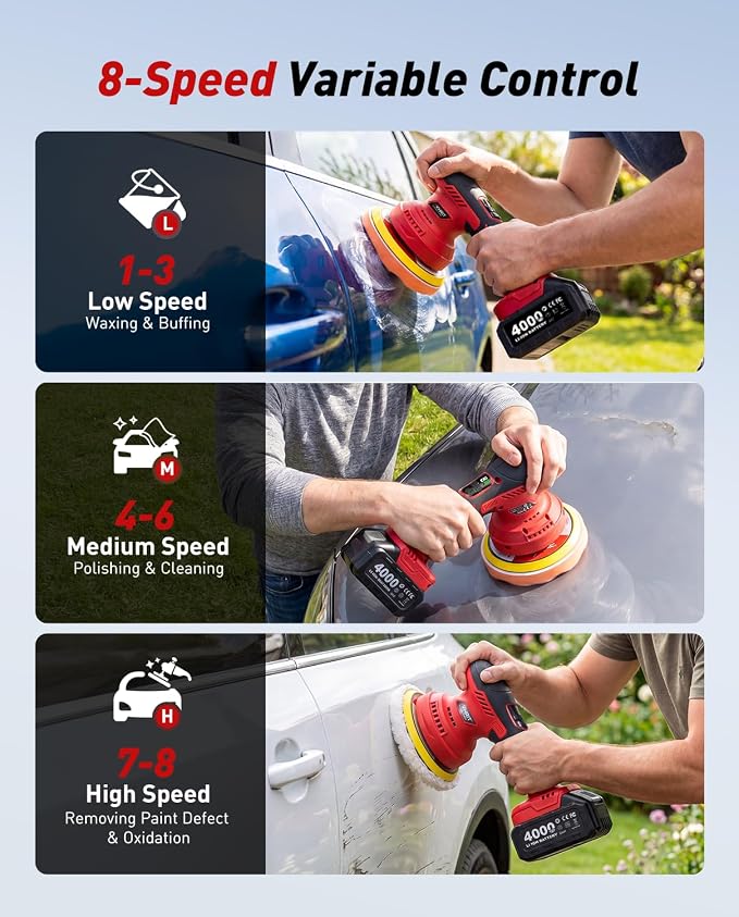 6 Inch Cordless Car Buffer Polisher Kit: Equipped with 2×4000mAh Batteries, Digital Display & 8 Speed Control, Comes with Extra Attachments for Car/Boat Detailing, Scratch Removal and Waxing