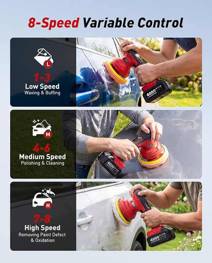 6 Inch Cordless Car Buffer Polisher Kit: Equipped with 2×4000mAh Batteries, Digital Display & 8 Speed Control, Comes with Extra Attachments for Car/Boat Detailing, Scratch Removal and Waxing