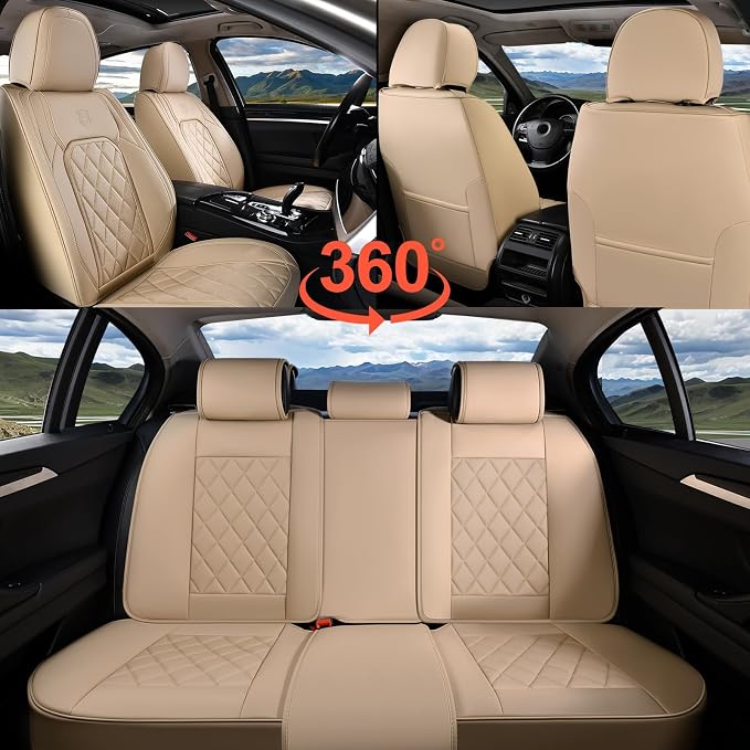Coverado Car Seat Covers Full Set, Luxury Faux Leather Waterproof Seat Cover, 5 Seat Universal Seat Covers for Cars, Front and Back Car Seat Protector, Beige Leather Seat Cover Fit for Most Cars