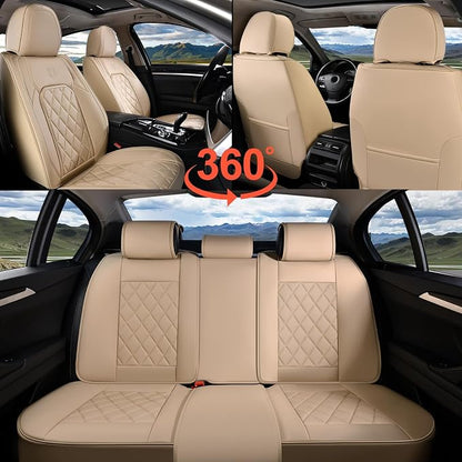 Coverado Car Seat Covers Full Set, Luxury Faux Leather Waterproof Seat Cover, 5 Seat Universal Seat Covers for Cars, Front and Back Car Seat Protector, Beige Leather Seat Cover Fit for Most Cars