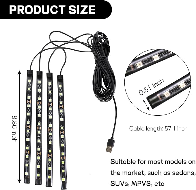 Car LED Strip Light, 12V 48 LED Interior Atmosphere Lights Under Dash Ambient Night Light, Universal Auto Interior Decorative Lamp with USB Port, Truck SUV Car Accessories (Ice Blue, USB)
