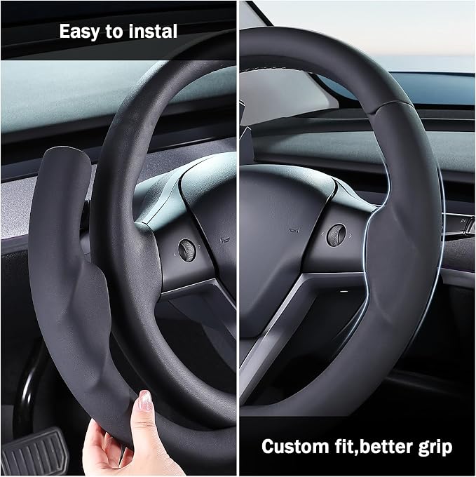Steering Wheel Cover for 2017-2023 Tesla Model 3 2020-2024 Tesla Model Y, Leather Steering Wheel Cover for Tesla Model 3/Y Accessories, Black