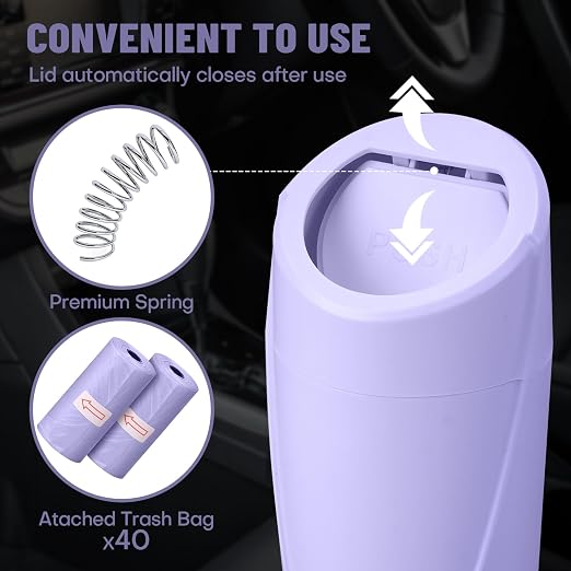Car Trash Can Bin with Lid-2 Packs Car Garbage Can Cup Holder-Light Purple Mini Leakproof Vehicle Garbage Bin with 40pcs Trash Bags-Automotive Organizers and Storage for Front Back Seat Accessories