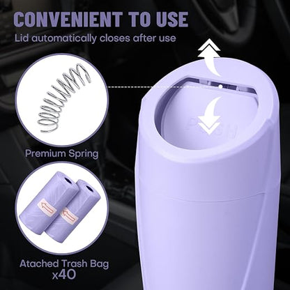 Car Trash Can Bin with Lid-2 Packs Car Garbage Can Cup Holder-Light Purple Mini Leakproof Vehicle Garbage Bin with 40pcs Trash Bags-Automotive Organizers and Storage for Front Back Seat Accessories
