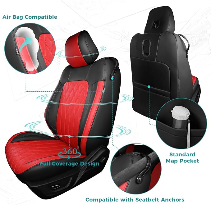 Custom for Ford Mustang Coupe Seat Covers 2015-2025 - Custom-Fit Full Set Faux Leather Car Seat Covers for Mustang Coupe Fastback GT/V6/EcoBoost 2015 2016 2017 2018 2019 2020 2021 2022 2023 2024 2025