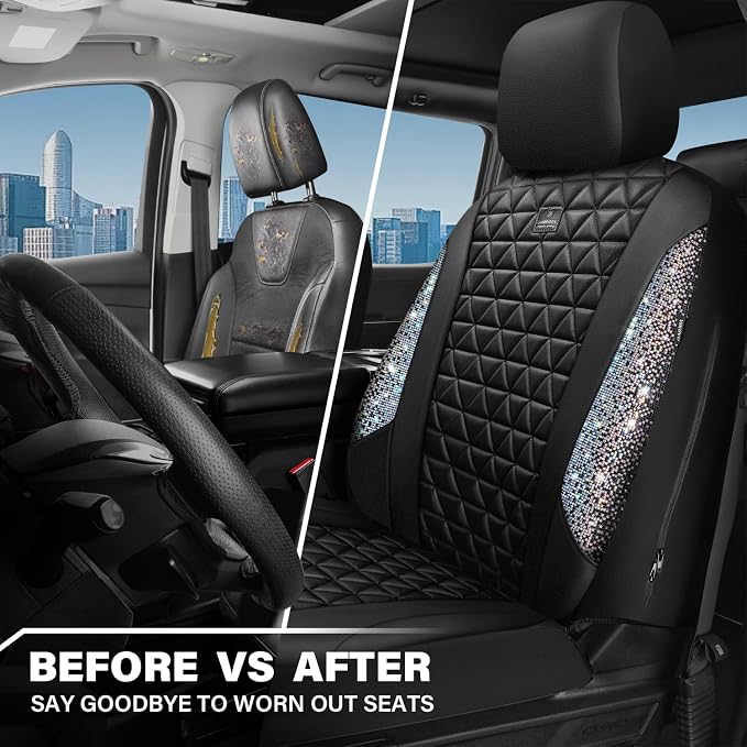 CAR PASS Bling Diamond Leather Car Seat Covers for 2 Front Interior Sets, Waterproof Shining Glitter Sparkly Crystal Universal Armrest Automotive Truck SUV Cute Women Girl, Black Multicolor Rhinestone