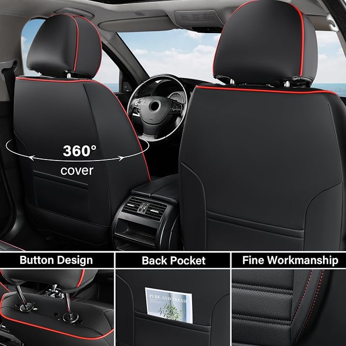 Coverado Car Seat Covers Full Set, Black Redline Seat Covers for Cars, Automotive Seat Covers, Waterproof Nappa Leather Front Seats and Back Car Seat Protector, Universal Fit for Most Cars SUV Trucks