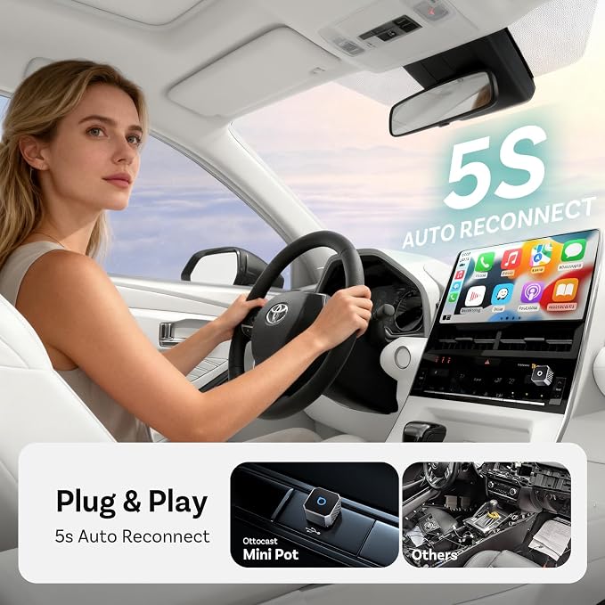 OTTOCAST Mini 3.0 (Pot) 2025 Wireless CarPlay & Android Auto 2-in-1 Adapter, Plug & Play, 5GHz WiFi, Auto Connect for iPhone & Android, Fits 98%+ OEM Wired CarPlay Cars