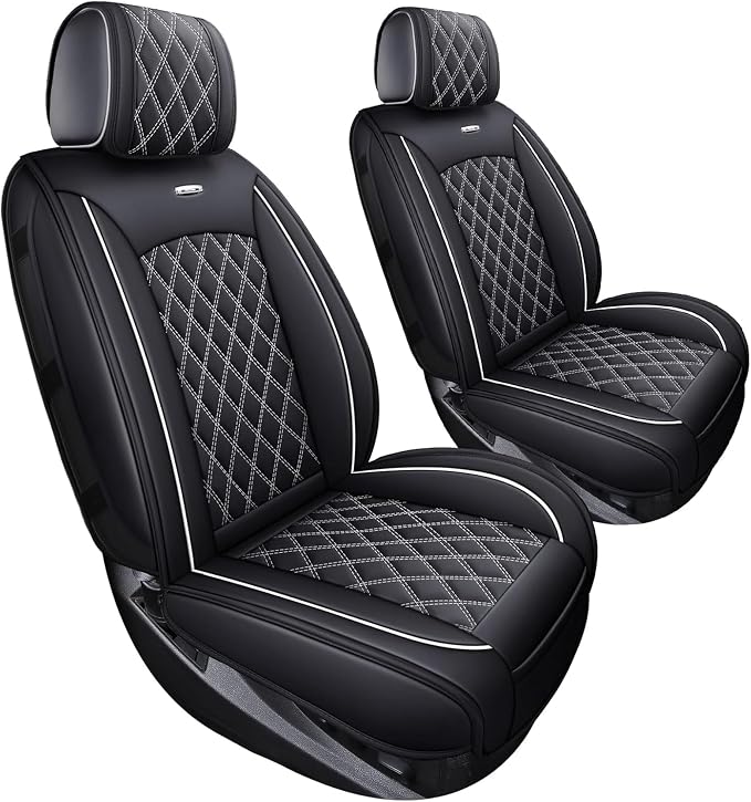 Front Seat Covers Chevy Silverado GMC Sierra Pickup Trail Boss Z71 Custom Fit 2007-2026 1500 2500HD 3500HD Crew Double Extended Cab Waterproof Leather Seat Protectors(2 PCS Front, Black-White)