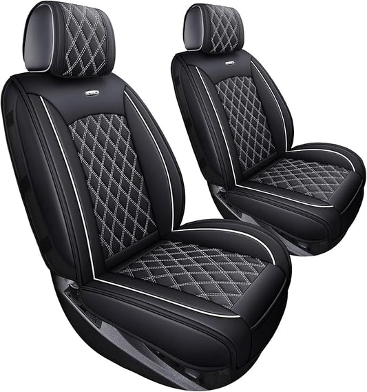 Front Seat Covers Chevy Silverado GMC Sierra Pickup Trail Boss Z71 Custom Fit 2007-2026 1500 2500HD 3500HD Crew Double Extended Cab Waterproof Leather Seat Protectors(2 PCS Front, Black-White)