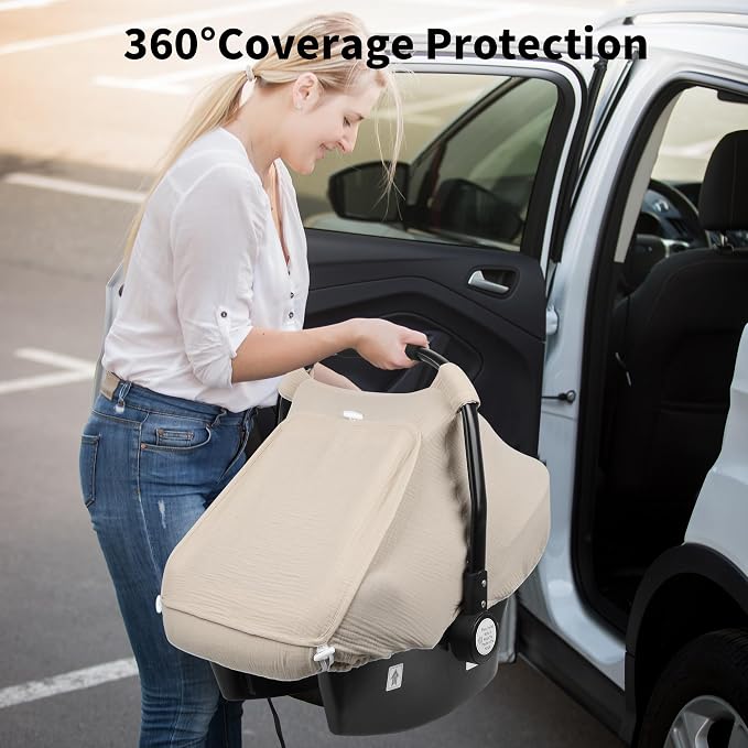 Rquite Car Seat Cover Baby, Carseat Covers Girl Boy, Breathable Muslin Cotton, Large Mesh Window, Infant Car Seat Canopy Baby Carrier Cover Stroller Sun Shade for Summer & Hot Day, Beige