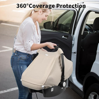 Rquite Car Seat Cover Baby, Carseat Covers Girl Boy, Breathable Muslin Cotton, Large Mesh Window, Infant Car Seat Canopy Baby Carrier Cover Stroller Sun Shade for Summer & Hot Day, Beige