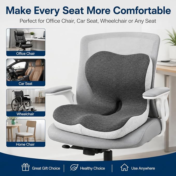 Cupocupa Memory Foam Seat Cushion, Ergonomic Orthopedic Pad with Adjustable Strap for Car Truck Office Chair, Lumbar Back Support & Sciatica Relief for Long Drives