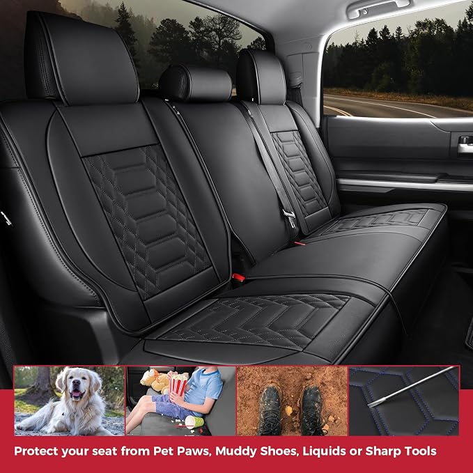 FREESOO Tundra Seat Covers 2014-2021 Full Set, Fit for Toyota Tundra Crewmax Cab, Custom Truck Seat Covers with Waterproof Faux Leather Black