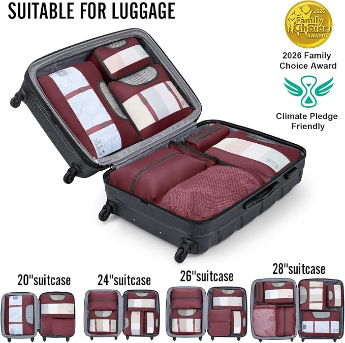 Veken 8 Set Packing Cubes for Travel Essentials,Anti-Wrinkle Buckled Suitcase Organizer for Shoe & Toiletry Bag,Carry On Luggage Bag with 99+ Count Mesh Holes for Airplane & College Dorm Accessories