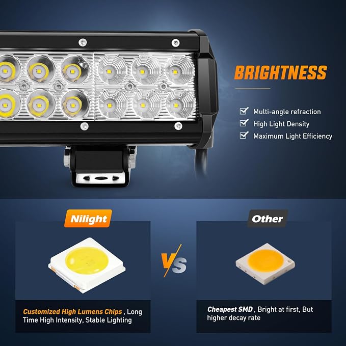 Nilight LED Light Bar with Yellow/Black Covers 2 PCS 12 Inch 72 W Spot Flood Combo Off Road Lights Super Bright Driving Fog Boat Lighting for Trucks Pickup Golf Cart SUV ATV UTV 4x4 Van Camper