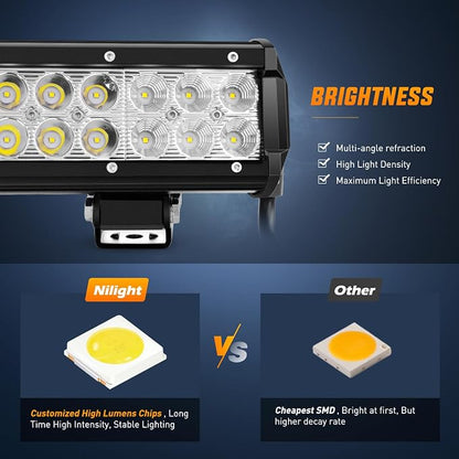 Nilight LED Light Bar with Yellow/Black Covers 2 PCS 12 Inch 72 W Spot Flood Combo Off Road Lights Super Bright Driving Fog Boat Lighting for Trucks Pickup Golf Cart SUV ATV UTV 4x4 Van Camper