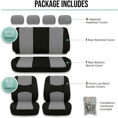 FH Group Bright Flat Cloth Full Set Automotive Seat Covers Front Set and Rear Solid Bench Gray Black Seat Covers w. Gift Universal Fit Interior Accessories for Cars Trucks and SUVs