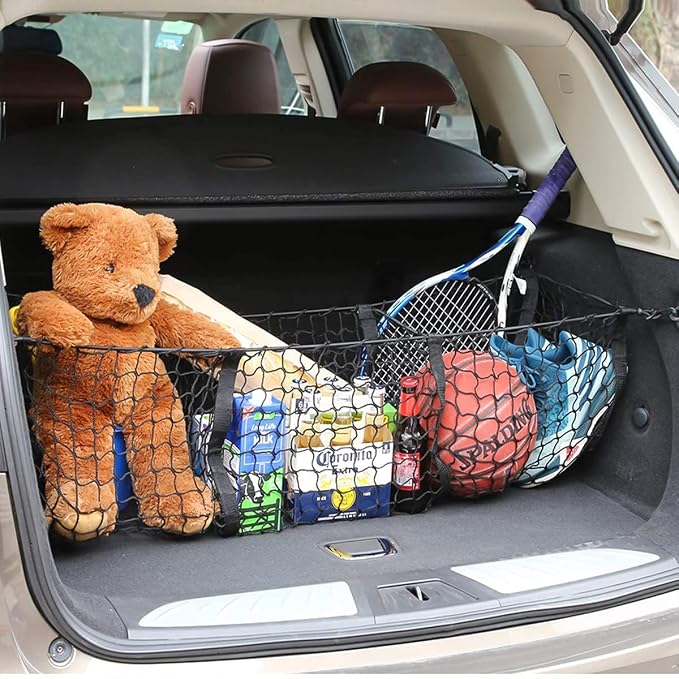 Cargo Net for Car, Expandable 3 Pocket Heavy-Duty Cargo Net Organizer, Black Mesh Storage Pocket with 4 Metal Carabiners Universal for Car, SUV, Pickup Truck, Van Trunk Bed