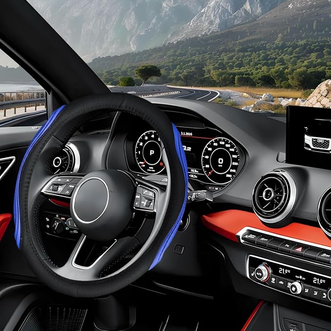 Osilly 15 Inch Car Leather Steering Wheel Cover, Automotive Accessories Elastic Breathable Anti-Slip Soft Wheel Protector Fits Men and Women, Suitable for SUVs, Trucks, Vehicles and RVs (Black/Blue)